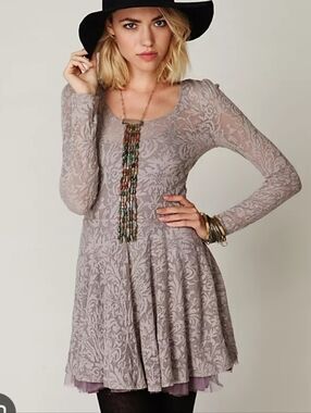 FP Long-Sleeve Lace Fit-and-Flare Dress in Light Gray